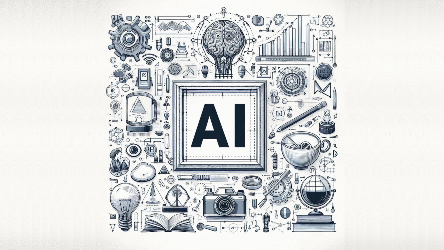 Diagram med symboler och linjer, och ordet "AI" i mitten.